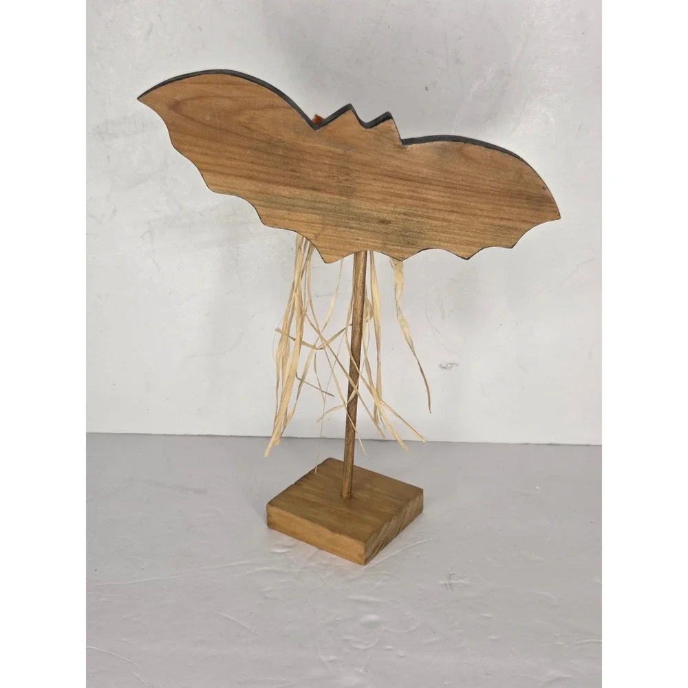 Halloween Wooden Bat Figurine Primitive Rustic Decor Black Orange Raffia